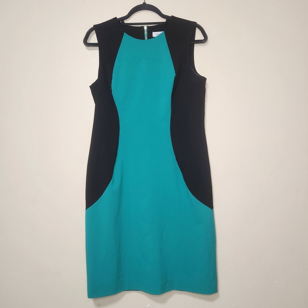 Calvin Klein Green and Black Sleeveless Sheath Dress Womens Size 10